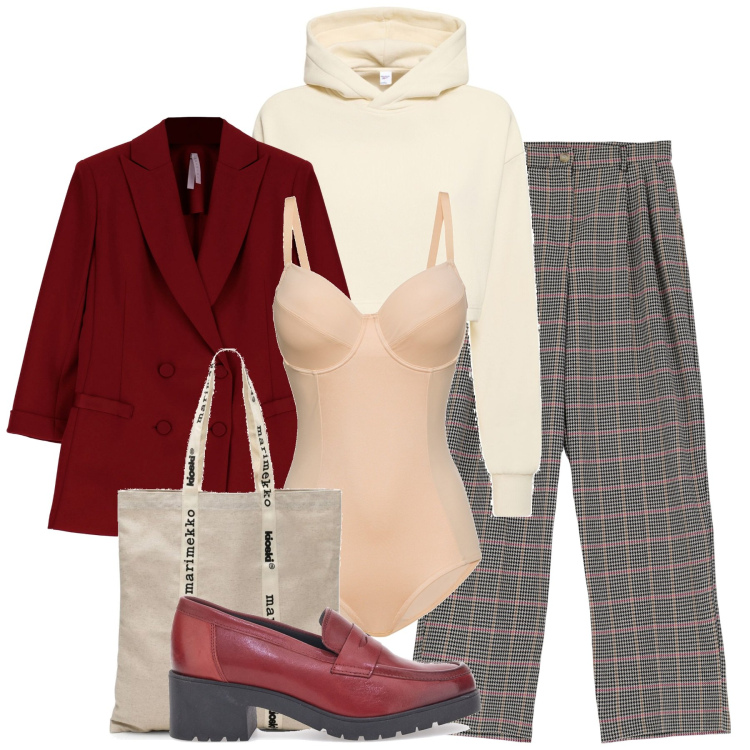 Outfit donna - Inverno. Stile Bon Ton per Tutti i giorni. Abbinamento con body, pantaloni a palazzo, blazer, felpe con cappuccio, mocassini, borse tote.