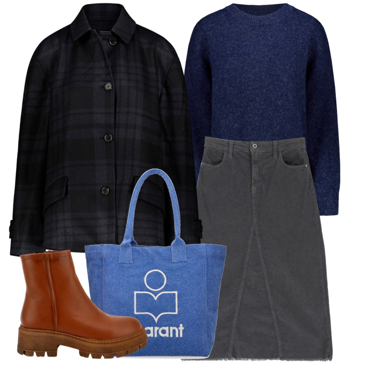 Outfit donna - Inverno. Stile Urban per Tutti i giorni. Abbinamento con stivaletti, gonne longuette, blazer, maglieria, shopping bag.