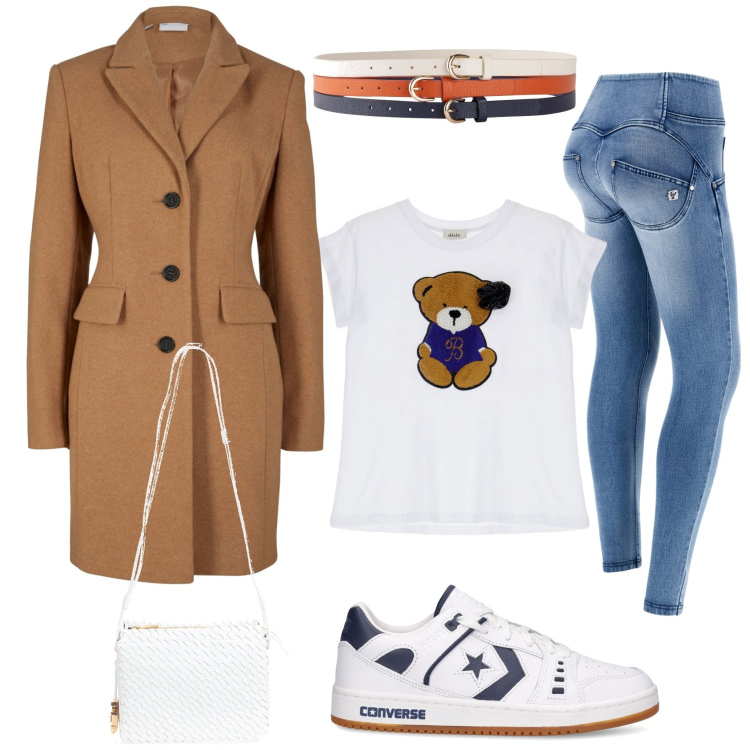 Outfit donna - Teddy. Stile Casual per Scuola/Università. Abbinamento con cinture, cappotti, borse a tracolla, jeans skinny, t-shirt, sneakers.