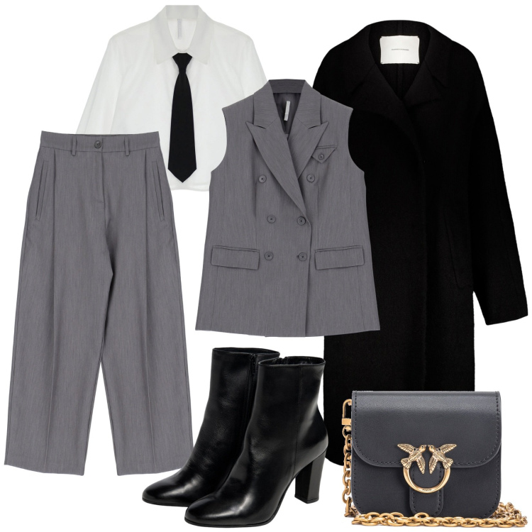 Outfit donna - Mannish per un invito a cena. Stile Mannish per Serata fuori. Abbinamento con borse a tracolla, pantaloni culotte, gilet, camicie, cappotti, stivaletti.