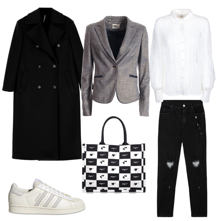 Outfit donna - Trendy ..sporty. Stile Trendy per Tutti i giorni. Abbinamento con blazer, camicie, cappotti, jeans skinny, shopping bag, sneakers.