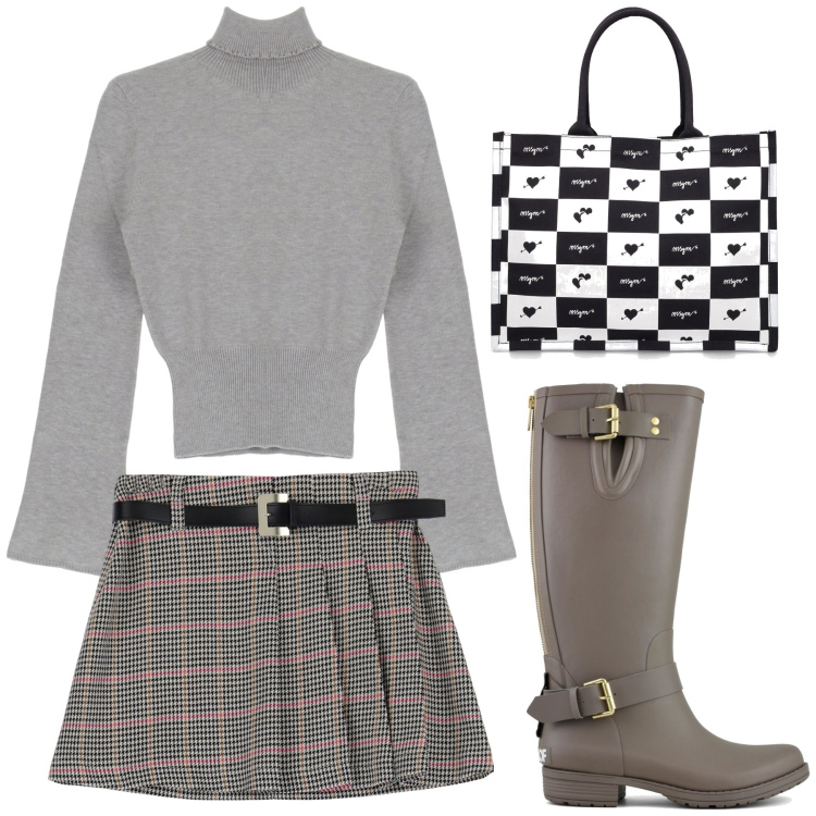 Outfit donna - Minigonna e stivale da pioggia. Stile Casual chic per Scuola/Università. Abbinamento con maglieria, minigonne, stivali, shopping bag.