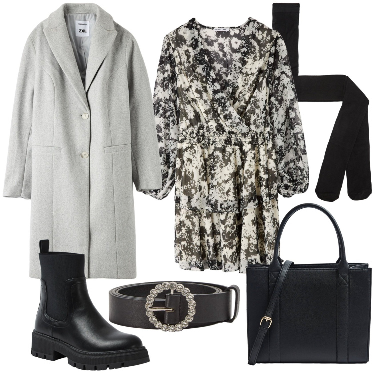 Outfit donna - Il cappotto classico grigio. Stile Chic per Tutti i giorni. Abbinamento con collant, vestiti corti, cinture, cappotti, stivali sopra il ginocchio, shopping bag.