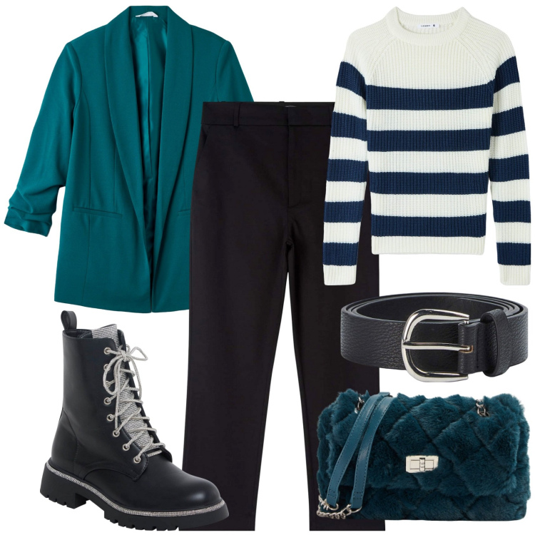 Outfit donna - Giacca e Borsetta verde smeraldo. Stile Casual per Scuola/Università. Abbinamento con blazer, cinture, maglieria, borse a spalla, pantaloni chino, anfibi.