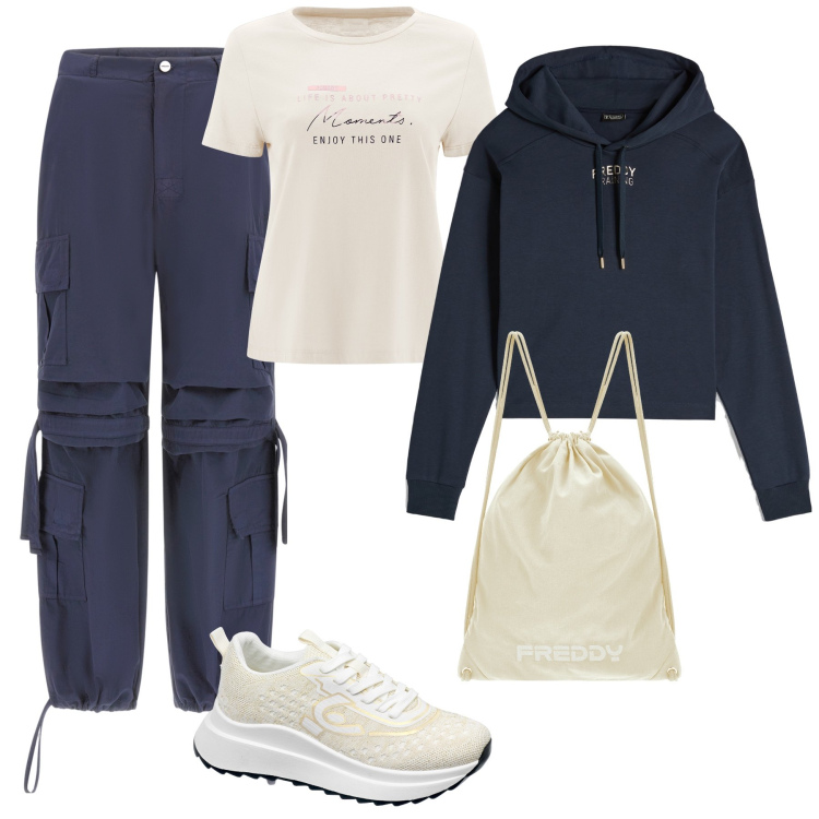 Outfit donna - Commissioni quotidiane. Stile Casual per Tutti i giorni. Abbinamento con pantaloni cargo, felpe con cappuccio, sneakers, t-shirt, zaini.