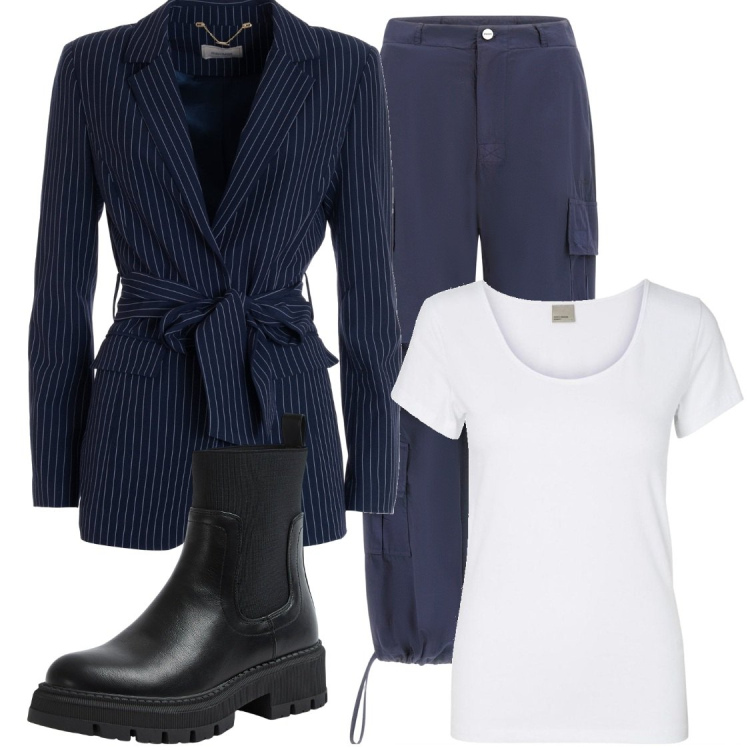 Outfit donna - Total look #1794393. Stile Casual Abbinamento con stivali sopra il ginocchio, blazer, pantaloni cargo, t-shirt.