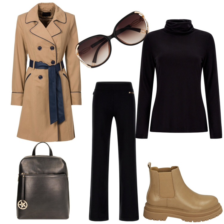 Outfit donna - Cammello e nero trendy essenziale. Stile Basic Abbinamento con trench, occhiali da sole, stivaletti, zaini, pantaloni a palazzo, maglieria.