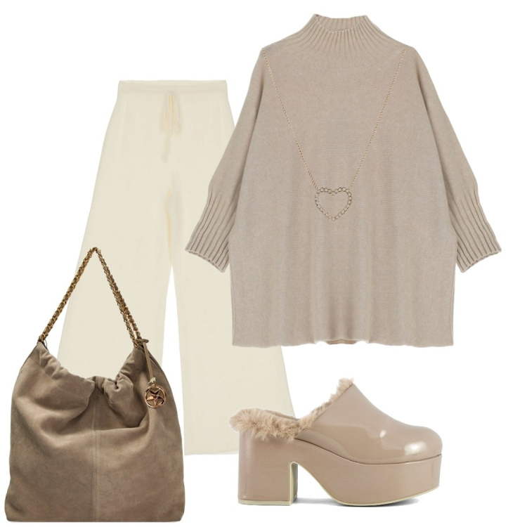 Outfit donna - Sabbia. Stile Basic Abbinamento con maglieria, pantaloni a palazzo, borse a spalla, sabot, collane.