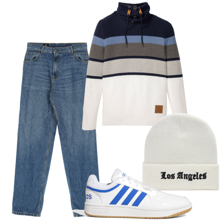 Outfit uomo - Total look #1794434. Stile Casual per Tutti i giorni. Abbinamento con maglieria, cappelli con visiera, jeans dritti, sneakers.