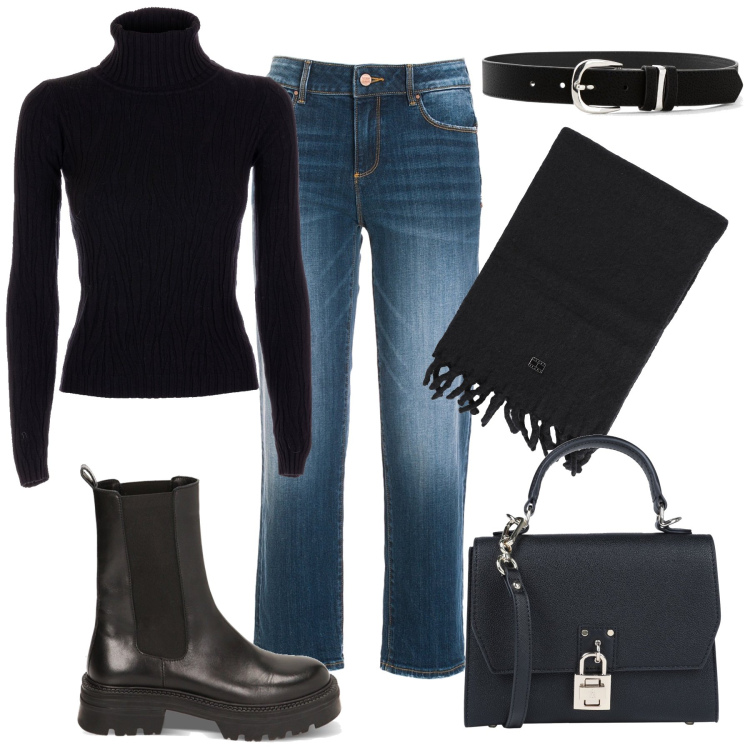 Outfit donna - Lo stivaletto nero. Stile Casual per Scuola/Università. Abbinamento con cinture, borse a mano, sciarpe, jeans, maglieria, stivaletti chelsea.