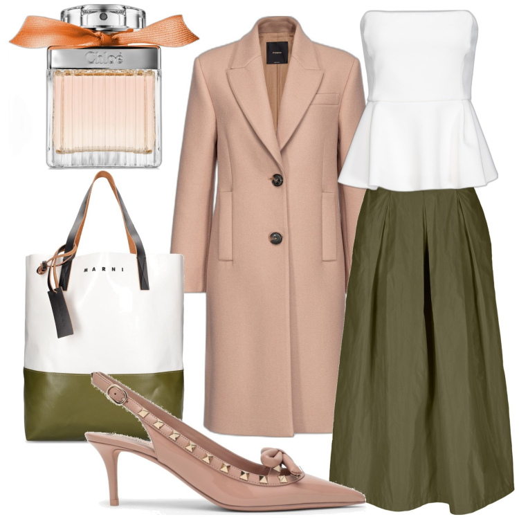 Outfit donna - Rosa antico su verde militare. Stile Trendy per Ufficio. Abbinamento con profumi, top, cappotti, gonne, shopping bag, scarpe col tacco.