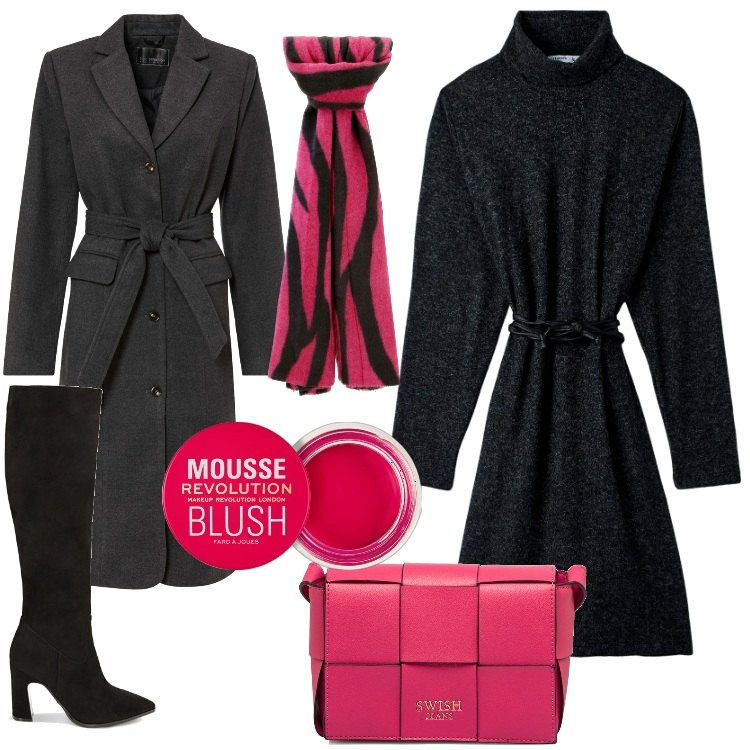 Outfit donna - Saldi fantastici. Stile Trendy per Tutti i giorni. Abbinamento con cappotti, blush, vestiti, sciarpe, stivali sopra il ginocchio, borse a tracolla.