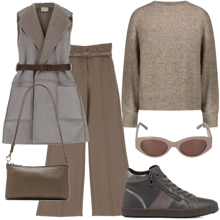 Outfit donna - toni neutri e comfort assoluto. Stile Sporty chic per Ufficio. Abbinamento con pantaloni a palazzo, blazer, sneakers alte, maglieria, borse a spalla, occhiali da sole.