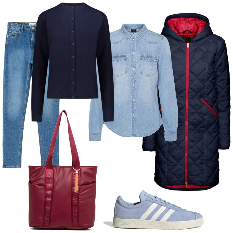 Outfit donna - Azzurro blu e rosso. Stile Trendy per Tutti i giorni. Abbinamento con blazer, jeans skinny, sneakers, camicie, borse a spalla, cardigans.