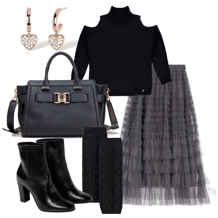 Outfit donna - Ghost outfitter - gennaio. Stile Trendy per Tutti i giorni. Abbinamento con calzini, orecchini, borse tote, gonne longuette, maglieria, stivaletti.