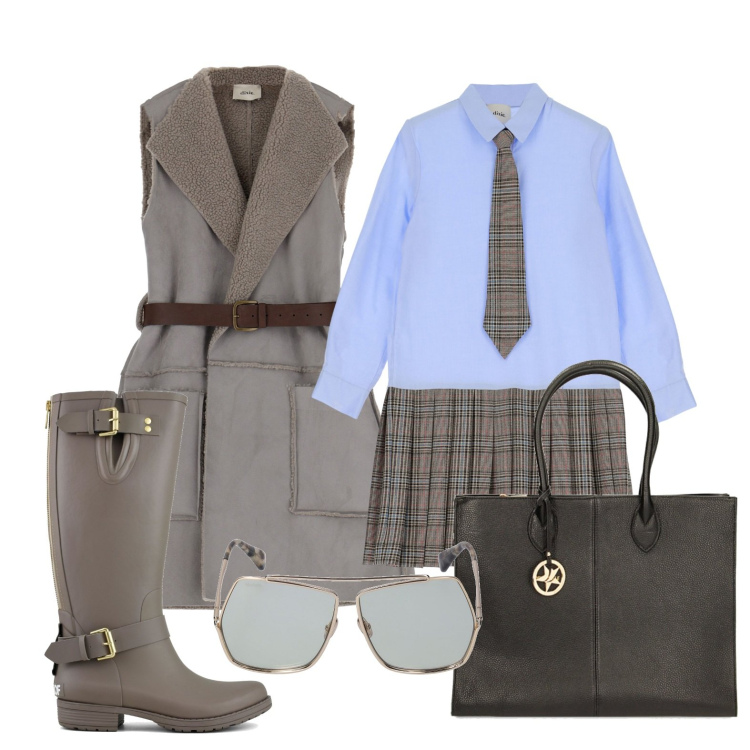 Outfit donna - Ghost outfitter - gennaio. Stile Trendy per Ufficio. Abbinamento con borse a spalla, blazer, vestiti corti, stivali, occhiali da sole.