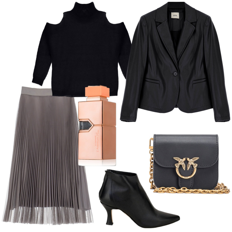 Outfit donna - Una serata importante. Stile Glamour per Serata fuori. Abbinamento con profumi, borse a tracolla, gonne longuette, stivaletti, maglieria, giacche.