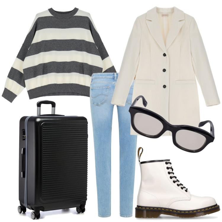 Outfit donna - Go!. Stile Casual per Tutti i giorni. Abbinamento con cappotti, maglieria, valigie, jeans skinny, occhiali da sole, stivali.