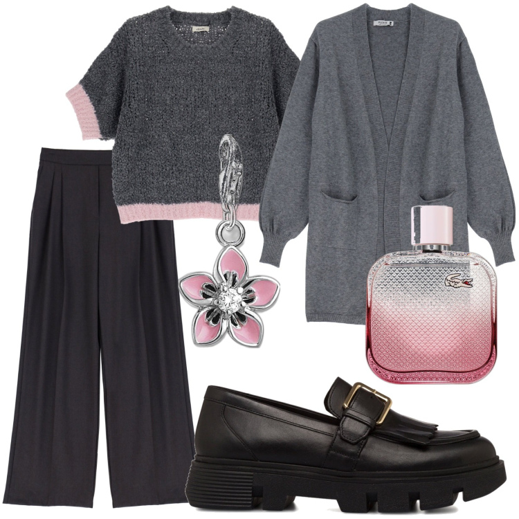 Outfit donna - Il mocassino morbido. Stile Trendy per Tutti i giorni. Abbinamento con profumi, cardigans, pantaloni a palazzo, mocassini, maglieria, ciondoli.