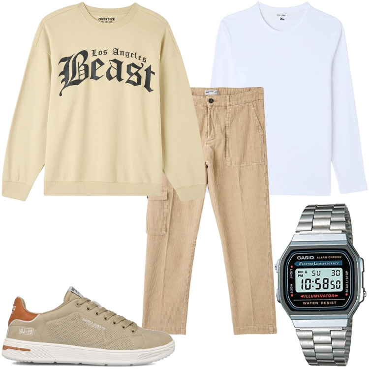 Outfit uomo - Cargo in beige e comodo. Stile Casual per Tutti i giorni. Abbinamento con felpe, pantaloni cargo, t-shirt, sneakers, orologi.