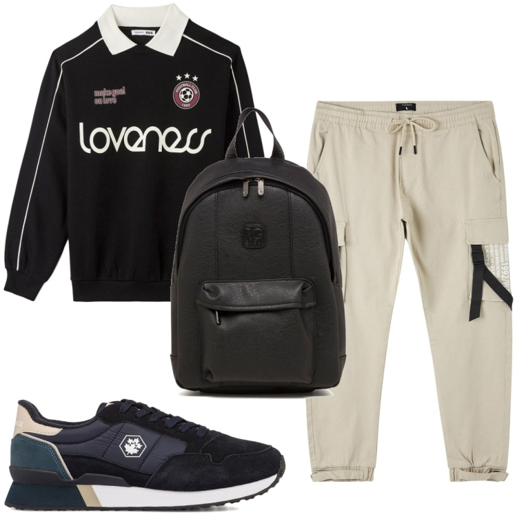Outfit uomo - Total look #1794614. Stile Trendy per Sport. Abbinamento con pantaloni cargo, felpe, borse sportive, sneakers.
