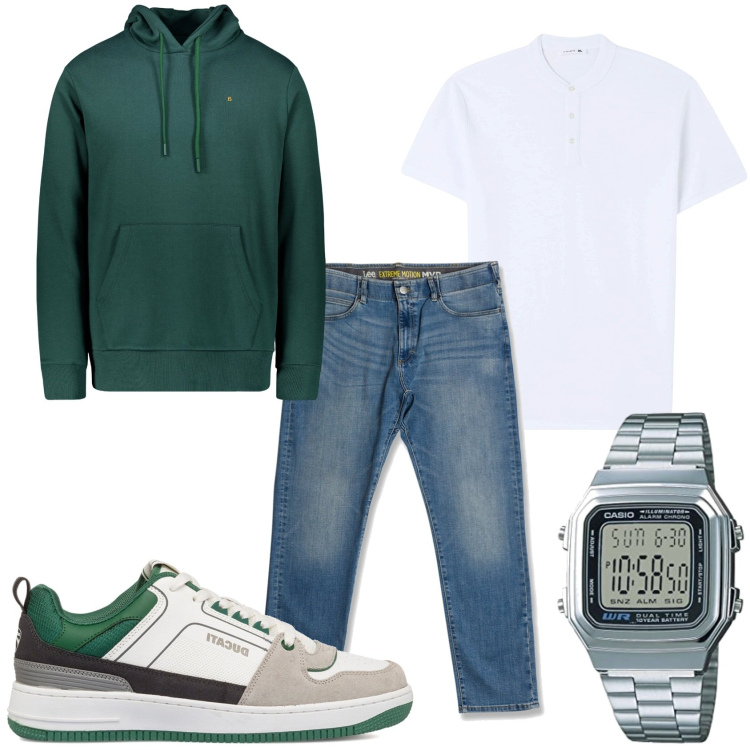 Outfit uomo - Jeans e felpa comodo. Stile Casual per Tutti i giorni. Abbinamento con t-shirt, jeans slim fit, sneakers, felpe con cappuccio, orologi digitali.