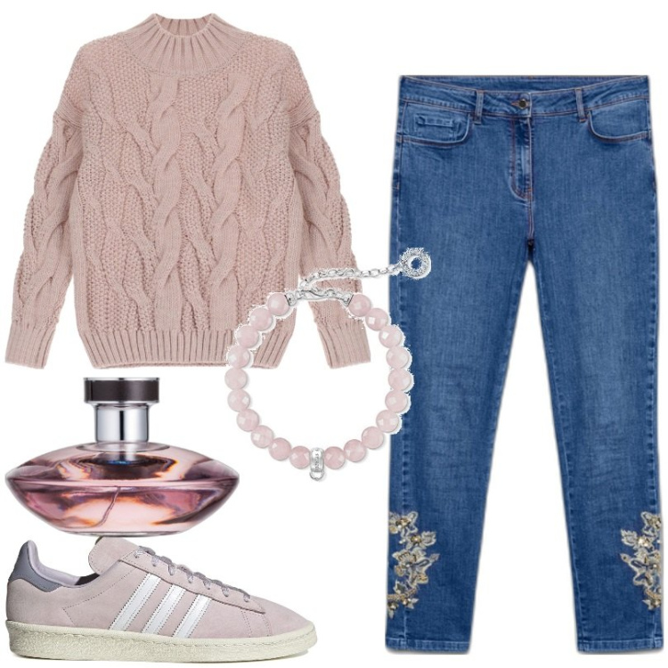 Outfit donna - Jeans skinny ricamati. Stile Casual per Tutti i giorni. Abbinamento con profumi, maglieria, jeans skinny, braccialetti con ciondoli, sneakers.