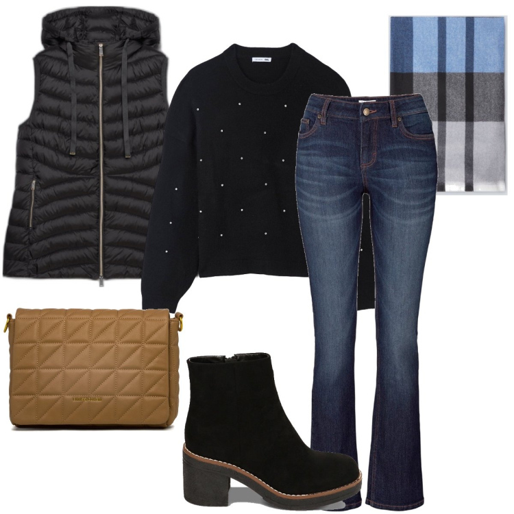 Outfit donna - La sciarpa a quadri. Stile Basic per Tutti i giorni. Abbinamento con jeans bootcut, maglieria, stivaletti, borse a tracolla, cappotti, sciarpe.
