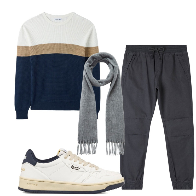 Outfit uomo - Total look #1794685. Stile Casual per Tutti i giorni. Abbinamento con pantaloni, maglieria, sciarpe, sneakers.
