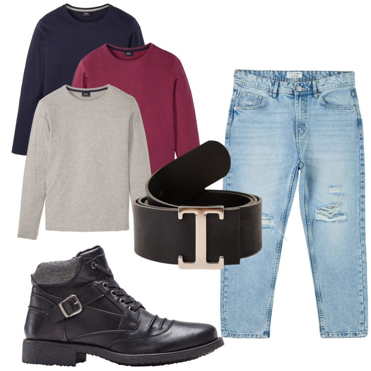 Outfit uomo - Total look #1794687. Stile Casual per Tutti i giorni. Abbinamento con maglieria, stivali e stivaletti, jeans strappati, cinture.