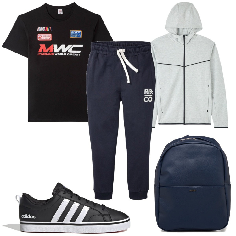 Outfit uomo - Total look #1794734. Stile Trendy per Sport. Abbinamento con pantaloni, felpe con cappuccio, t-shirt, sneakers, borse sportive.