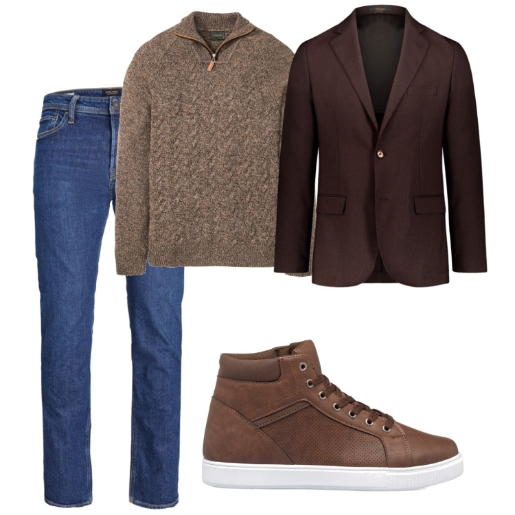 Outfit uomo - Caffè. Stile Urban per Tutti i giorni. Abbinamento con maglieria, jeans, sneakers alte, giacche.