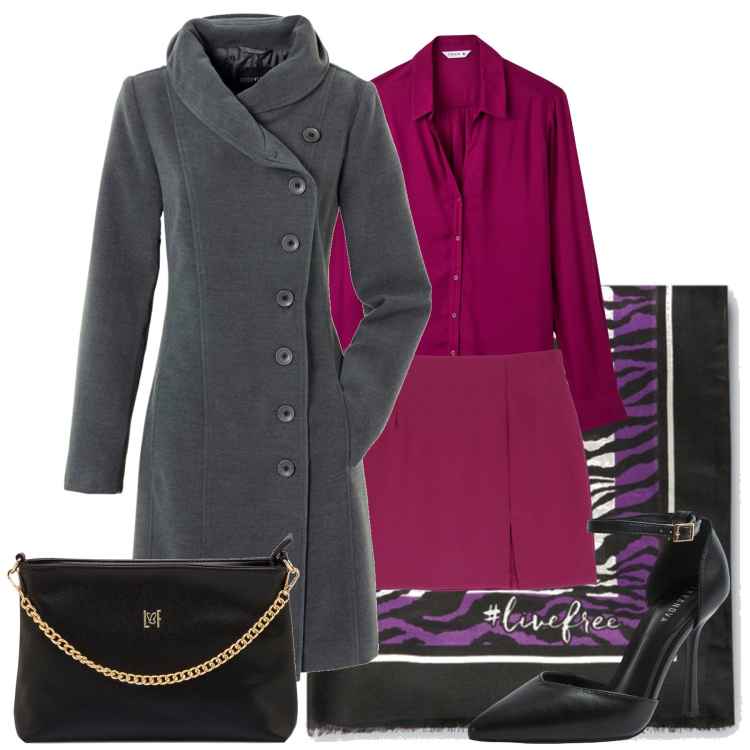 Outfit donna - Total look #1794764. Stile Trendy per Tutti i giorni. Abbinamento con cappotti, camicie, décolleté, minigonne, borse a tracolla, sciarpe.