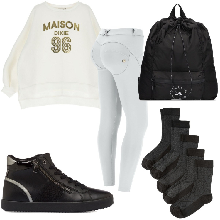Outfit donna - Total look #1794825. Stile Basic per Sport. Abbinamento con calzini, pantaloni skinny, felpe, sneakers alte, zaini.