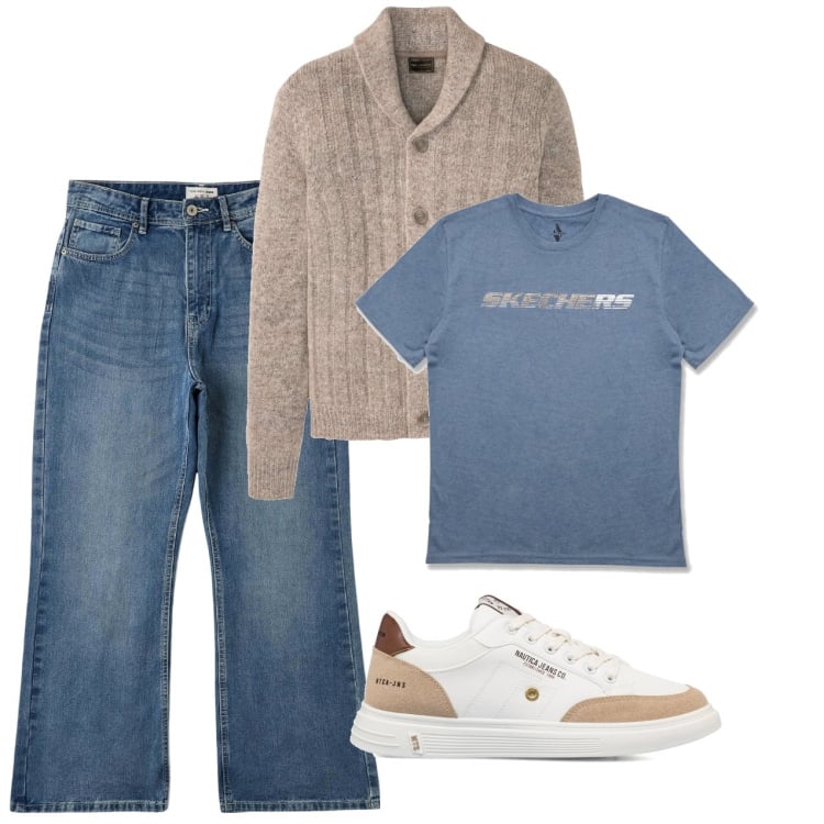 Outfit uomo - A casa. Stile Casual per Tutti i giorni. Abbinamento con cardigans, jeans bootcut, t-shirt, sneakers.