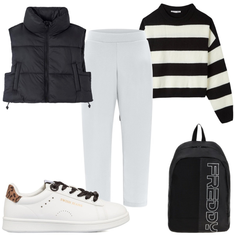 Outfit donna - Total look #1794832. Stile Trendy per Tutti i giorni. Abbinamento con piumini, maglieria, zaini, pantaloni capri, sneakers.