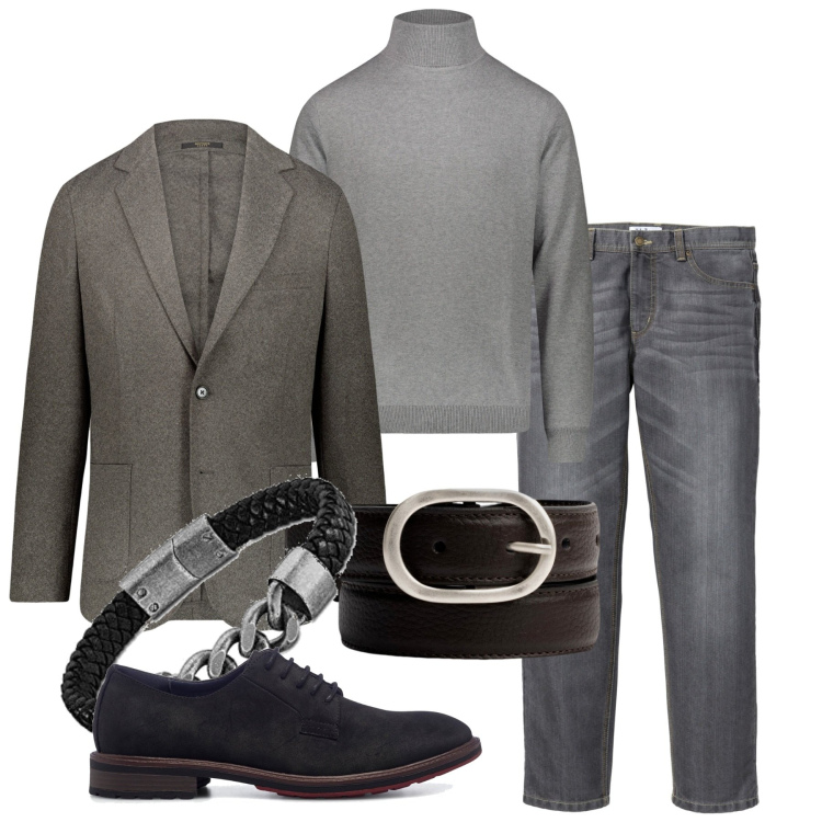 Outfit uomo - Inverno - greige. Stile Casual per Tutti i giorni. Abbinamento con jeans dritti, scarpe stringate, maglieria, braccialetti, giacche, cinture.