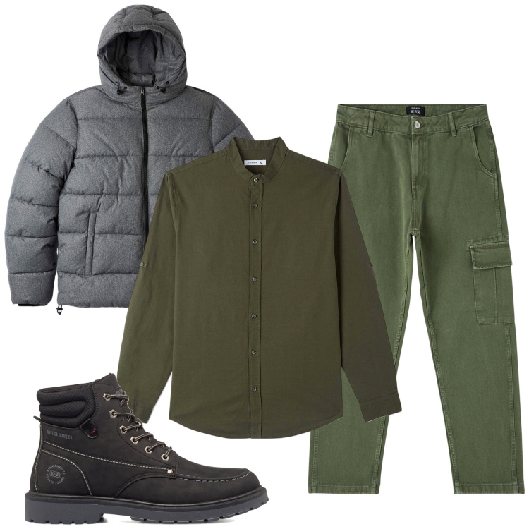 Outfit uomo - Inverno. Stile Casual per Tutti i giorni. Abbinamento con camicie, piumini, pantaloni cargo, stivali e stivaletti.