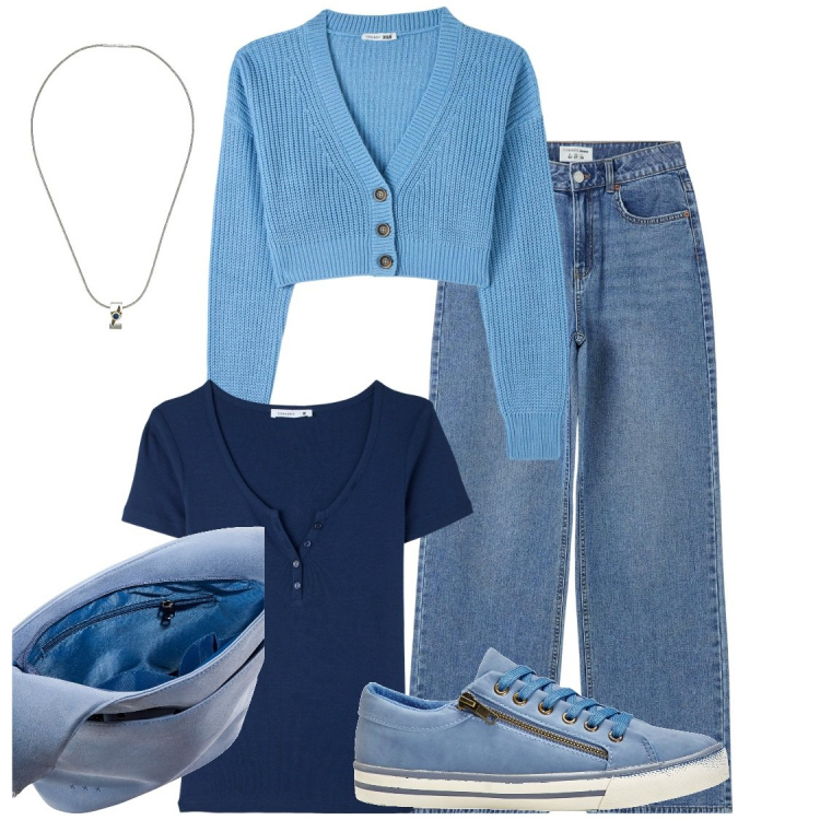 Outfit donna - Blu denim. Stile Casual per Tutti i giorni. Abbinamento con sneakers, borse a tracolla, jeans, cardigans, t-shirt, ciondoli.