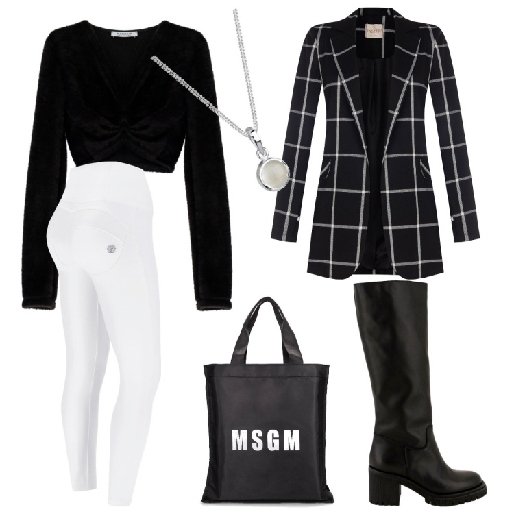 Outfit donna - Black & White. Stile Casual chic per Ufficio. Abbinamento con cappotti, top, stivali sopra il ginocchio, pantaloni skinny, ciondoli, shopping bag.