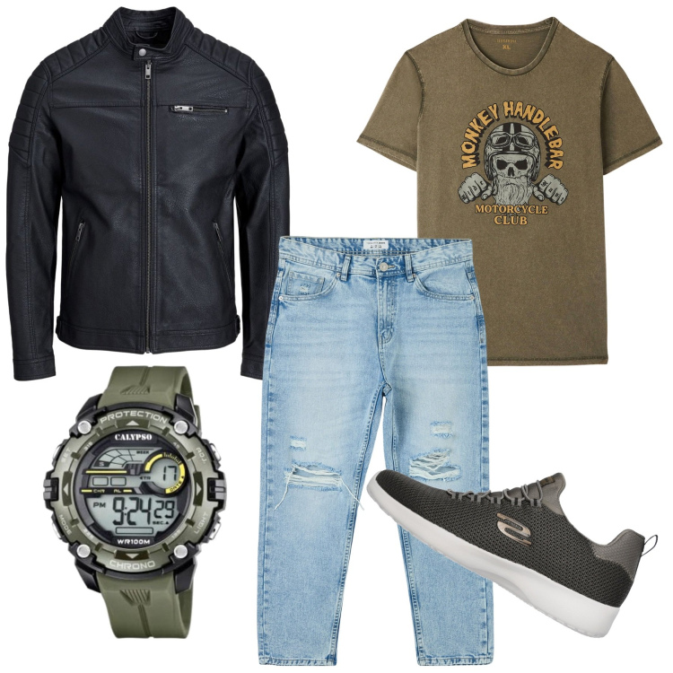 Outfit uomo - Verso la bella stagione. Stile Biker Rock per Tutti i giorni. Abbinamento con jeans strappati, t-shirt, sneakers, cappotti, orologi digitali.