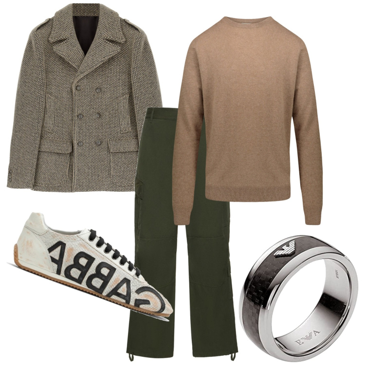 Outfit uomo - Il modaiolo. Stile Trendy per Tutti i giorni. Abbinamento con cappotti, maglieria, pantaloni cargo, anelli, sneakers.