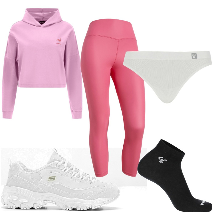 Outfit donna - Total look #1794868. Stile Basic per Sport. Abbinamento con sneakers, treggings, felpe con cappuccio, calzini, perizomi.