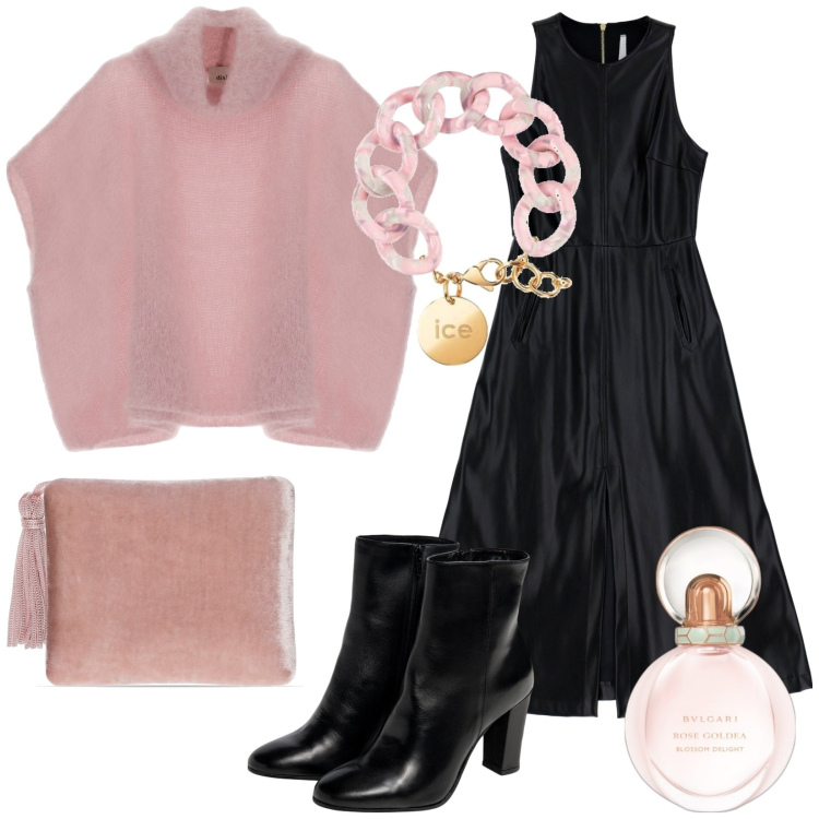 Outfit donna - Serata mon Amour. Stile Trendy per Serata fuori. Abbinamento con profumi, vestiti midi/longuette, cappe, stivaletti, braccialetti, pochette.