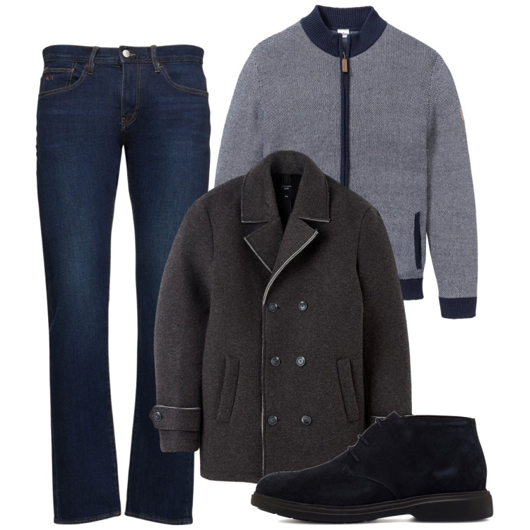 Outfit uomo - Doppiopetto. Stile Urban per Tutti i giorni. Abbinamento con cardigans, giacche, stivali e stivaletti, jeans slim fit.