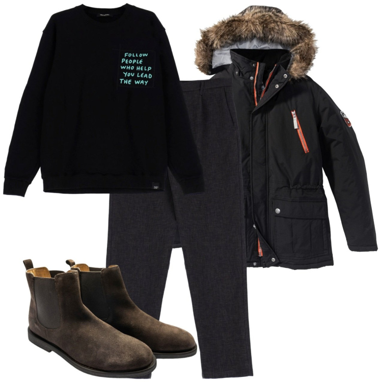 Outfit uomo - Il parka. Stile Urban per Tutti i giorni. Abbinamento con parka, pantaloni, felpe, stivali e stivaletti.
