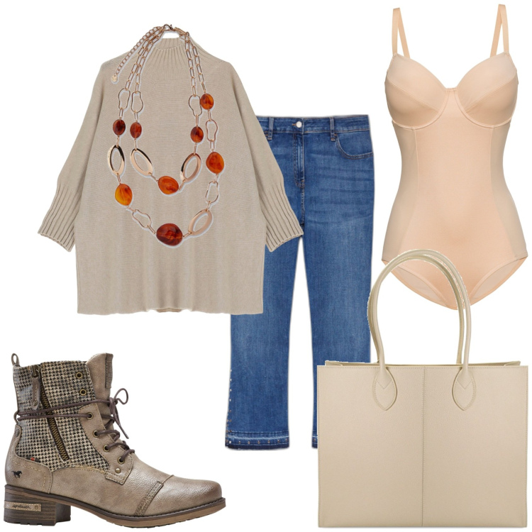 Outfit donna - In jeans e maglione. Stile Casual chic per Tutti i giorni. Abbinamento con body, stivaletti, maglieria, borse a spalla, ciondoli, jeans.