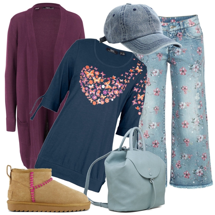 Outfit donna - Total look #1794959. Stile Casual per Tutti i giorni. Abbinamento con cardigans, jeans, maglieria, cappelli, zaini, stivali sopra il ginocchio.