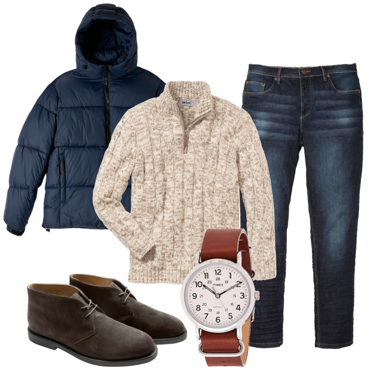 Outfit uomo - Inverno- pull melange. Stile Casual per Tutti i giorni. Abbinamento con maglieria, jeans slim fit, piumini, stivali, orologi.