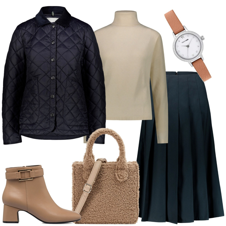 Outfit donna - Blu e beige. Stile Minimal per Ufficio. Abbinamento con shopping bag, stivaletti, pullovers, gonne longuette, cappotti, orologi.